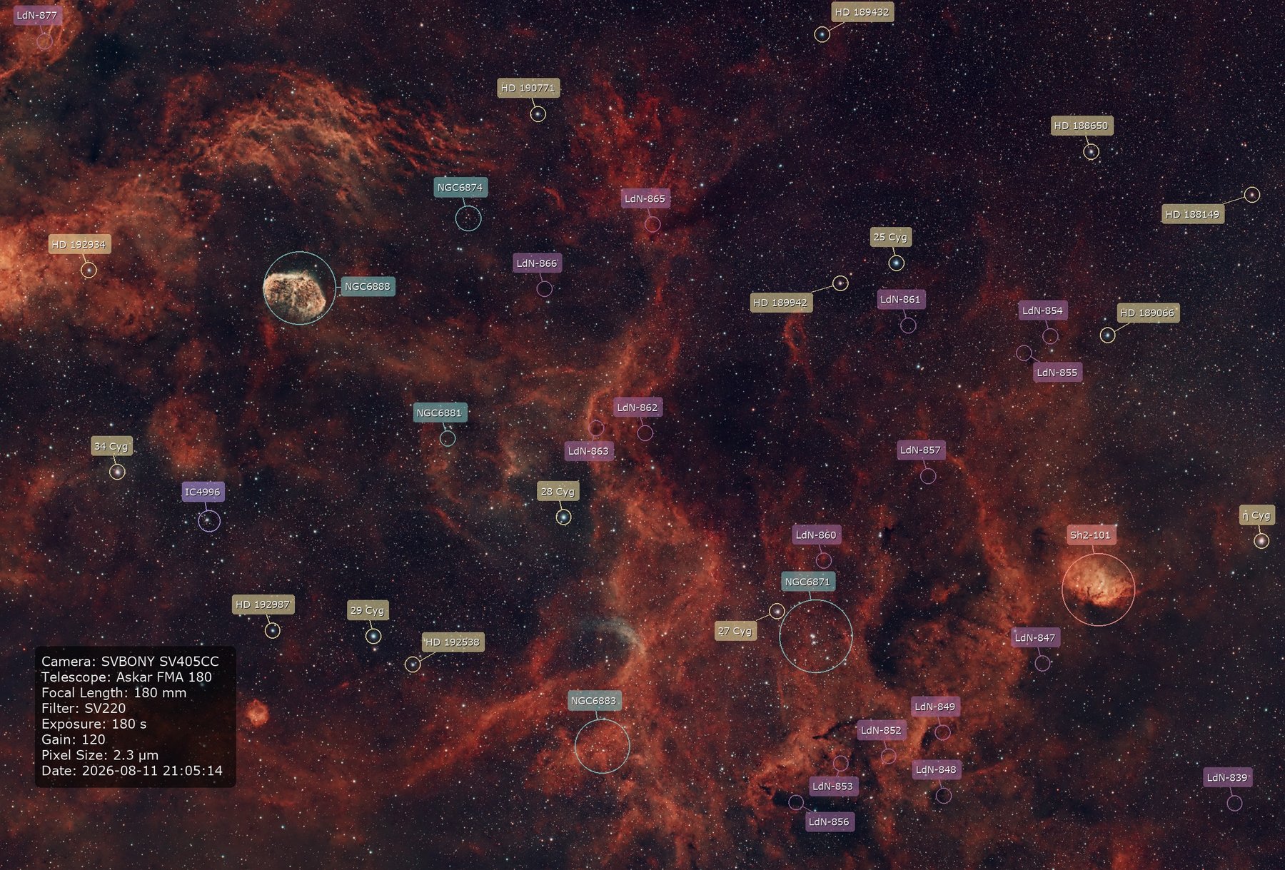 A finished full-resolution export of a wide Cygnus-region field, with dozens of stars, nebulae, and dark nebulae labeled and color-coded by catalog.