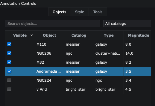 The Objects panel, listing detected catalog objects with visibility checkboxes, catalog, type, and magnitude columns, plus search and catalog filter fields.