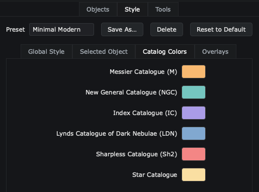 The Style panel's Catalog Colors tab, showing a distinct color swatch for each of the Messier, NGC, IC, LDN, Sharpless, and star catalogs.