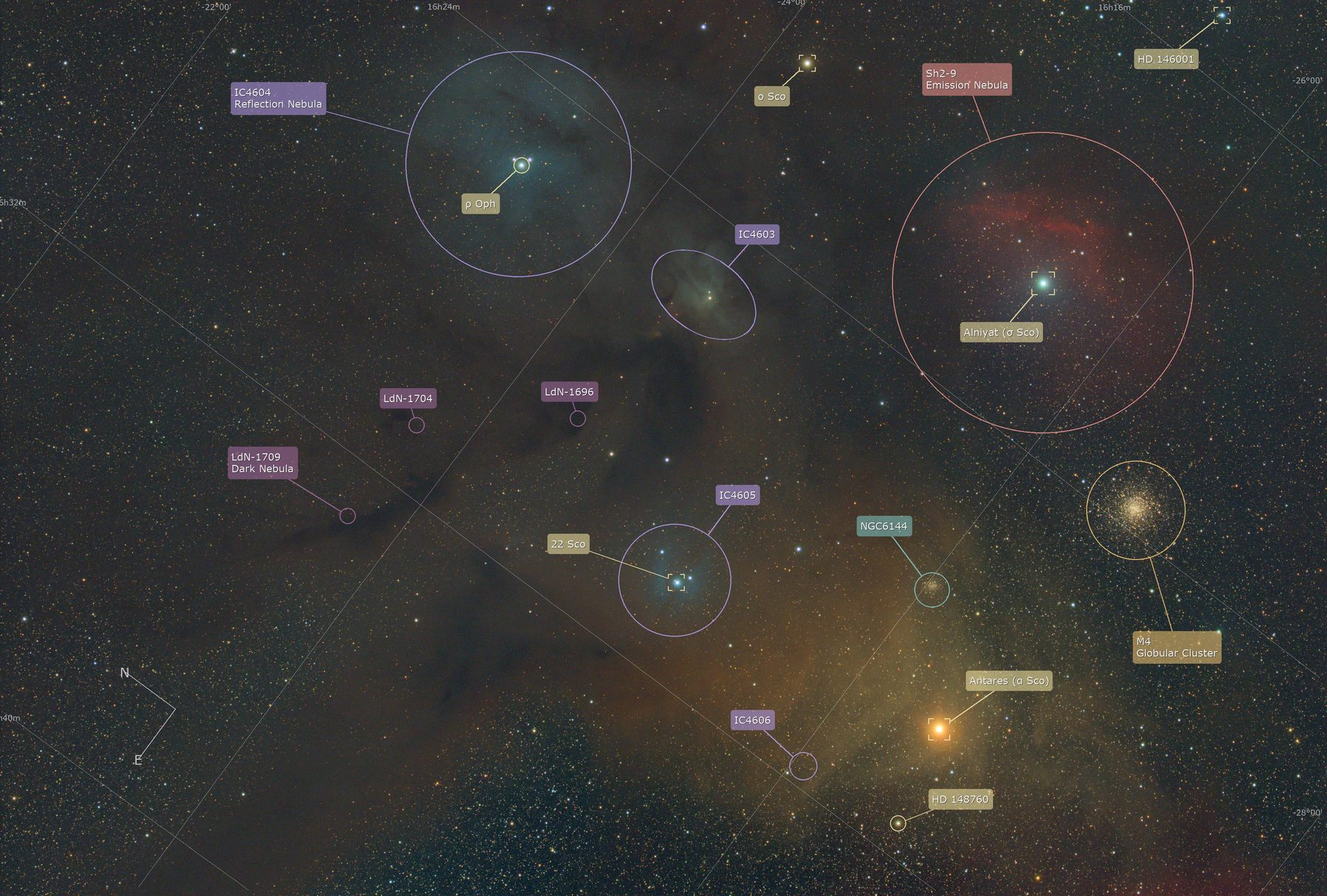 DG Modern Annotator export of the Antares and Rho Ophiuchi region, with nebulae, the M4 globular cluster, and stars labeled and color-coded by catalog.