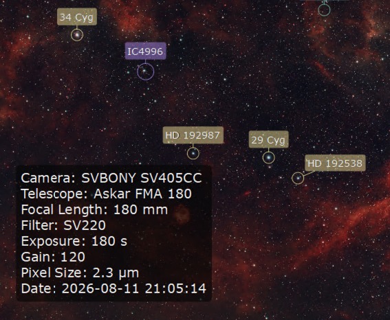 A Cygnus-region frame with the technical info box overlay showing camera, telescope, and exposure details pulled from the FITS header.