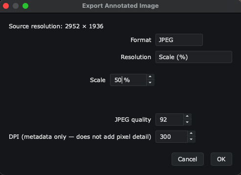 The Export Annotated Image dialog, with format, resolution scale, JPEG quality, and DPI options.