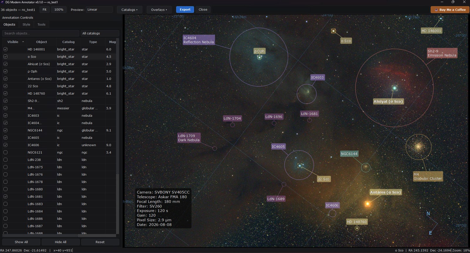 DG Modern Annotator main canvas right after loading a plate-solved image, with the Objects panel and detected catalog objects already laid out.